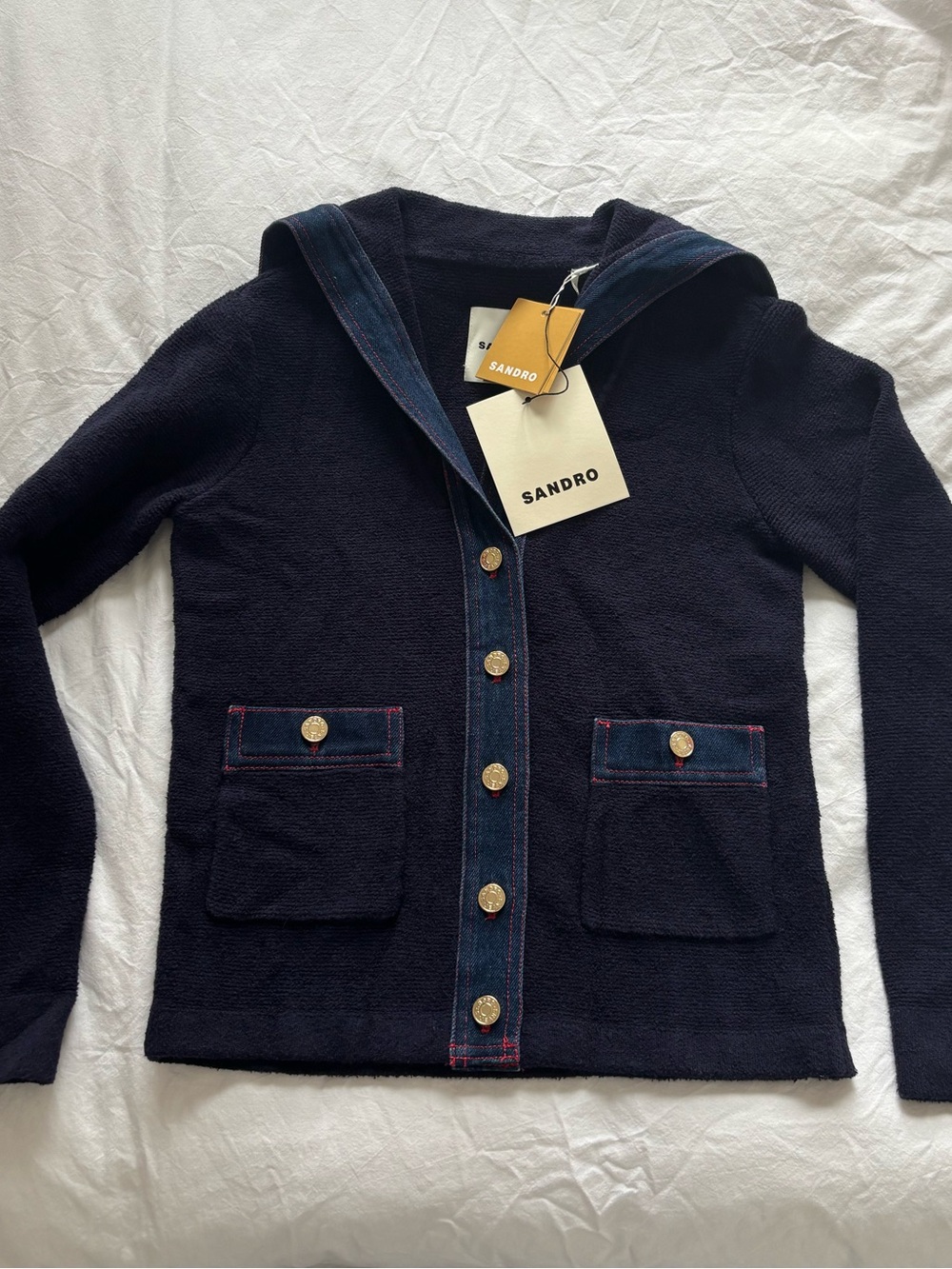 NWT Sandro Navy Blue Button-Up Hooded Cardigan with Denim Trim - Picture 3 of 4
